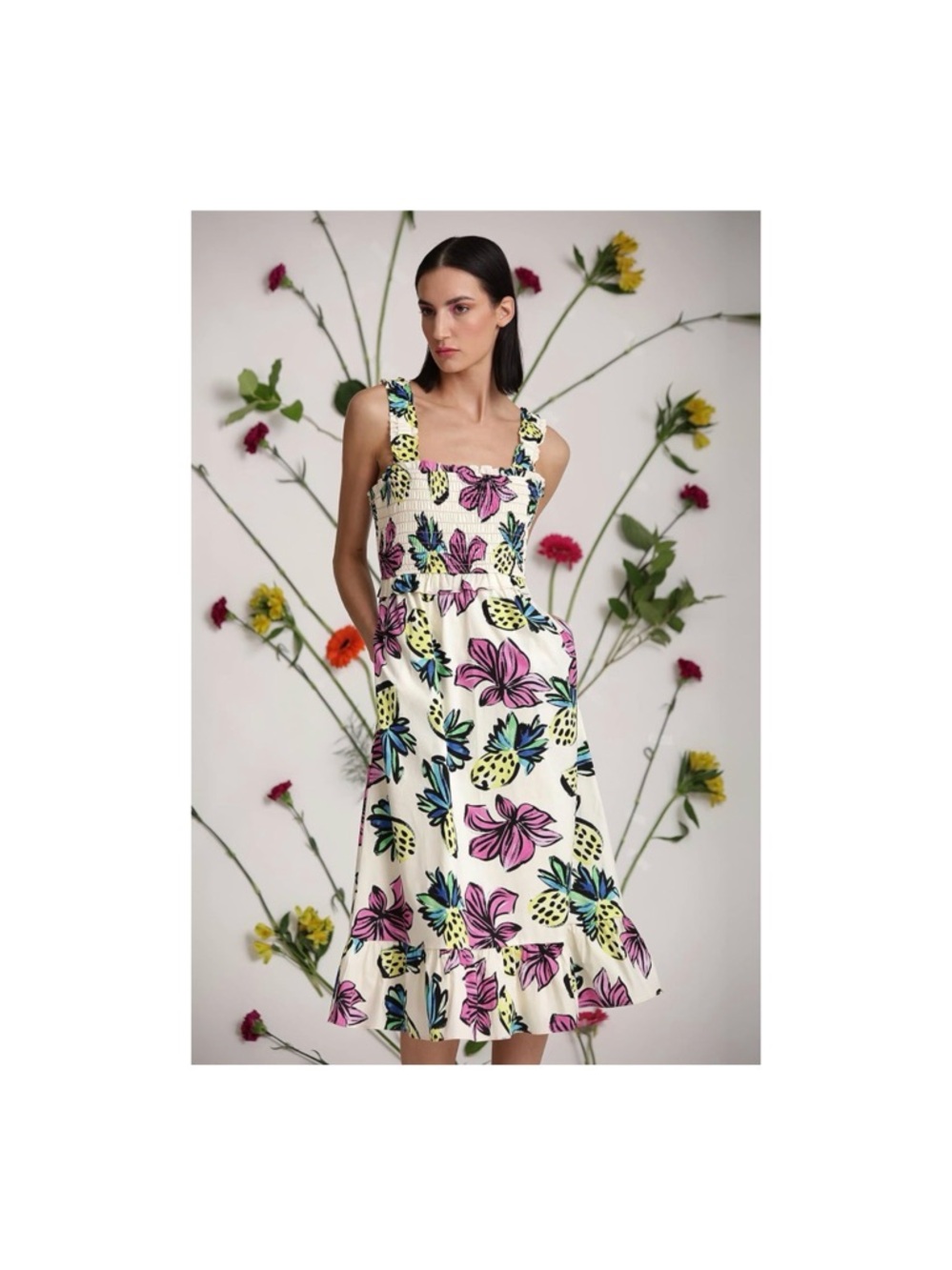 Donna Morgan Cream Midi Dress with Pink & Yellow Floral Print